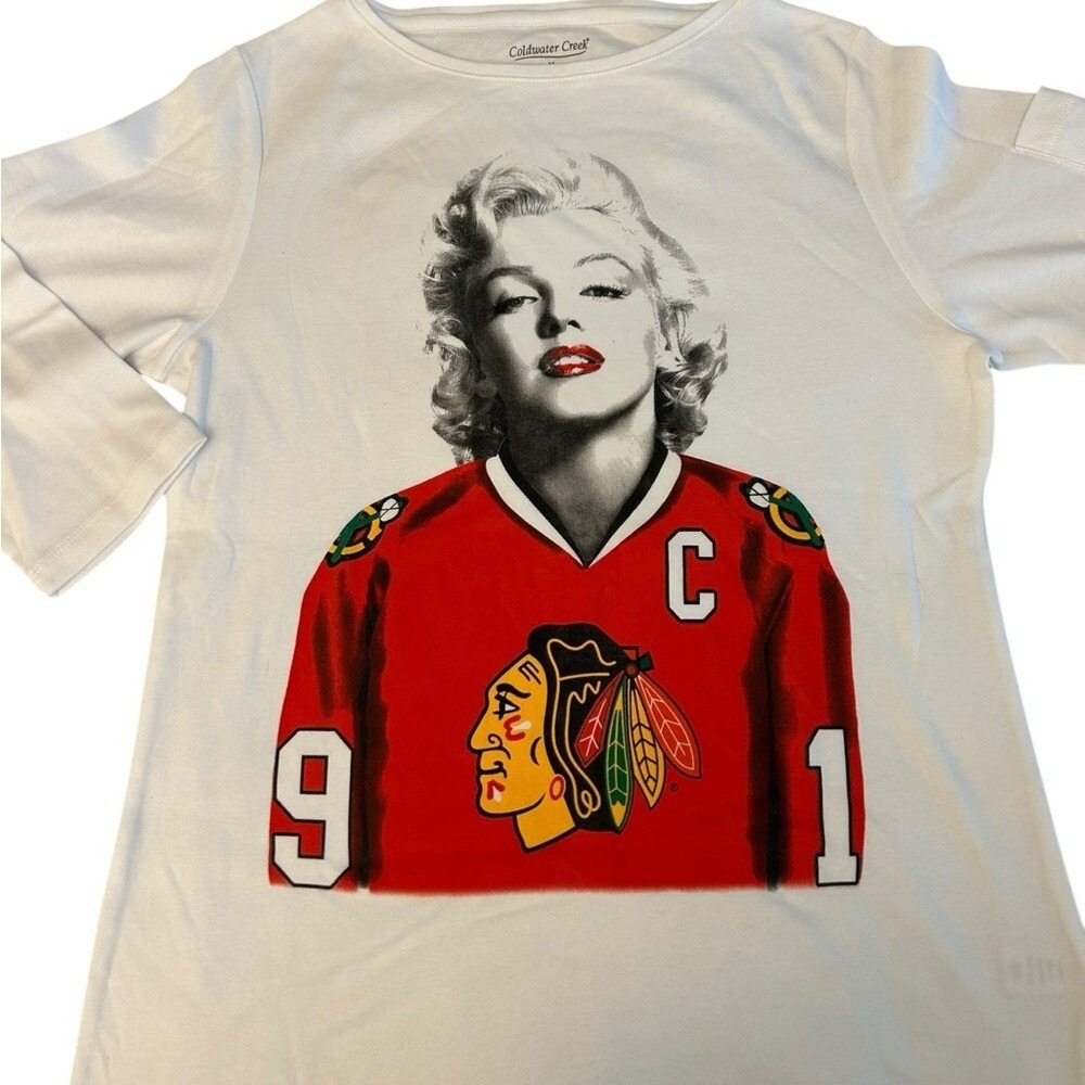Custom Coldwater Creek 3/4 Sleeve Tee‎ Marilyn Monroe Chgo Blackhawks White Med